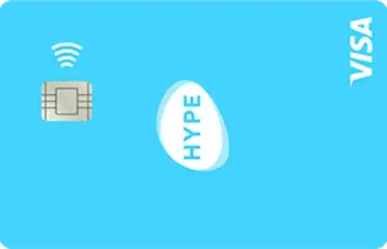La carta Visa di Hype: livrea azzurra con logo Hype al centro, chip, simbolo contactless e circuito Visa